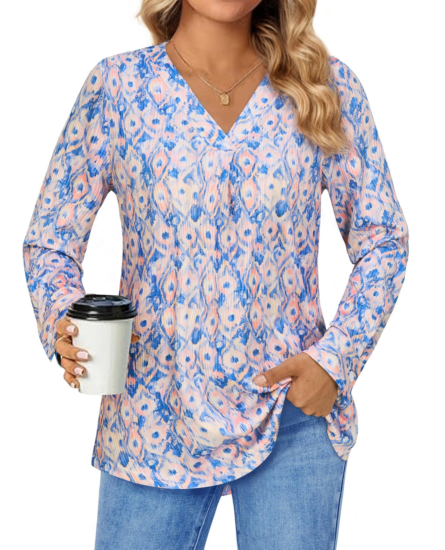 Womens Professional V-Neck Work Blouses Dressy Long Sleeve Tunics Floral Shirts for Office Business Casual Elegant Ladies Clothes Textured Wrinkle Free Fashion Fit Outfit Blue Pink Floral Medium