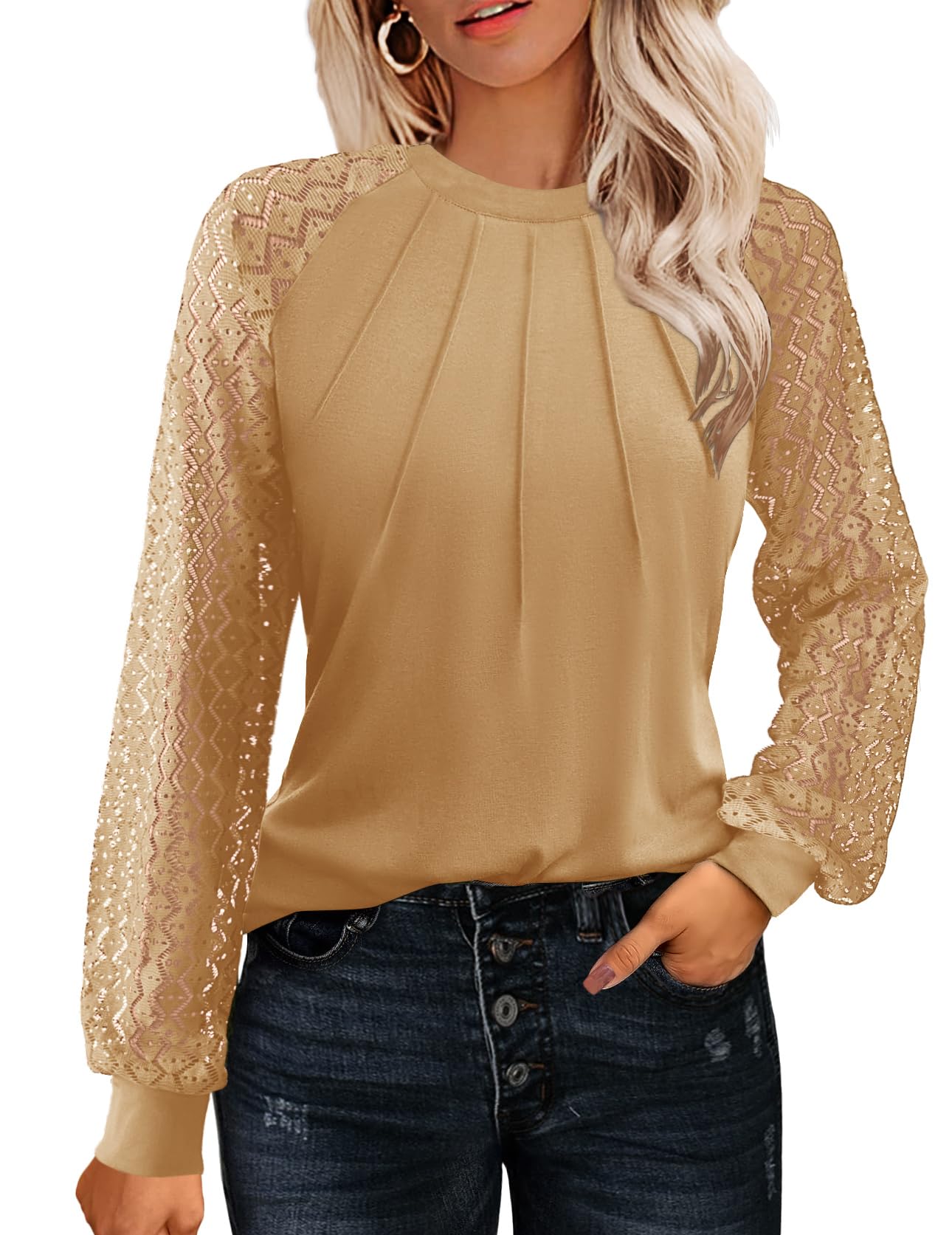 HOTOUCH Brown Lace Long Sleeve Tops Fall Knit Tee Shirts Dressy Business Casual Elegant Blouses for Women