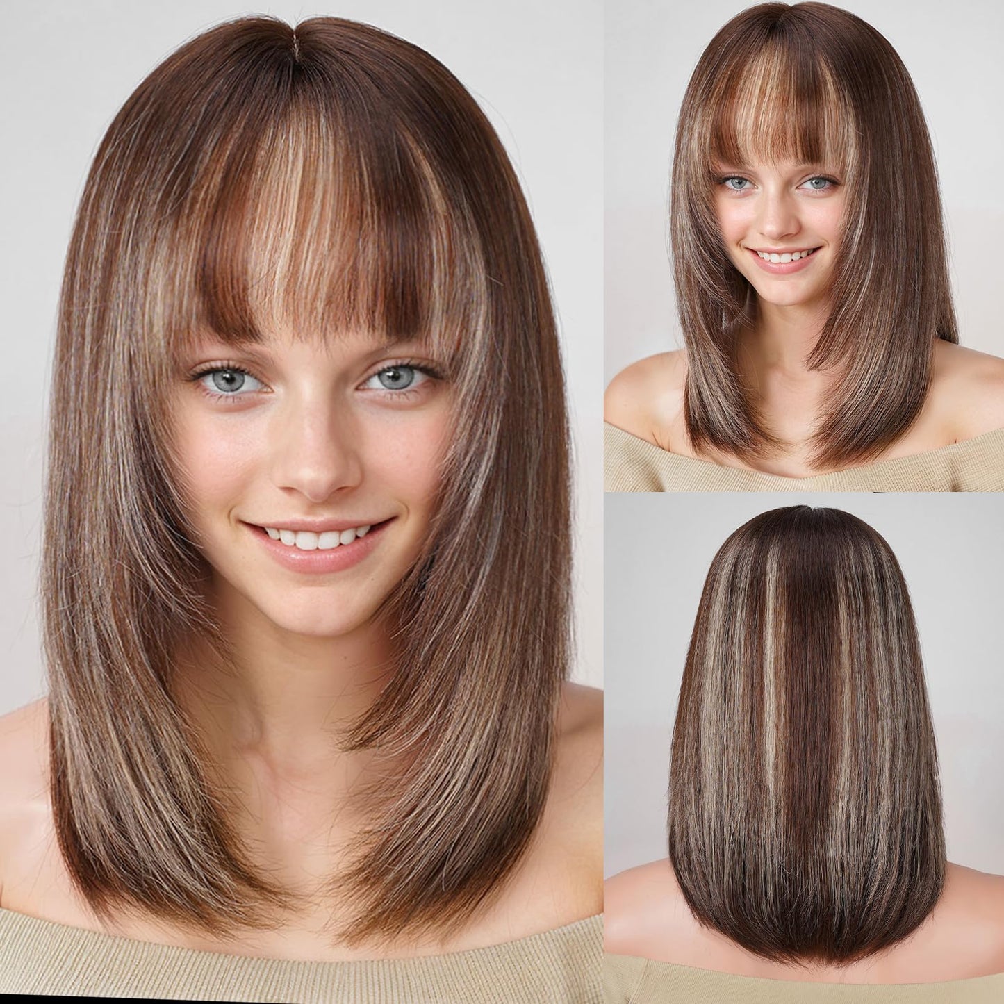 Blonde Brown Mix Human Hair Wig 14 Inch with Bangs
