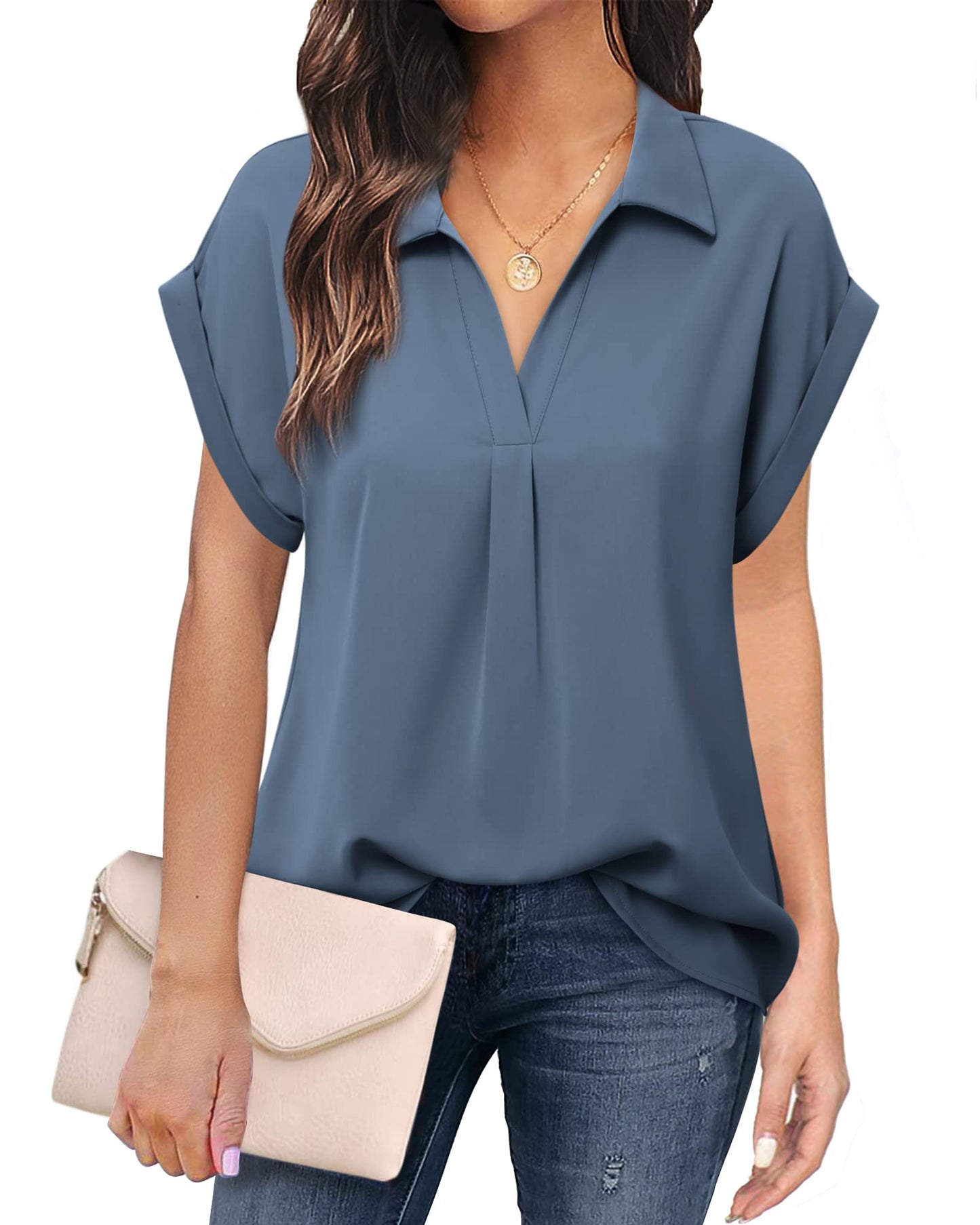 Messic Womens Short Sleeve Work Blouses: Ruffle Dressy Top - Flowy Business Shirts - V Neck Casual Chiffon Tunic Blouses Blue Grey XX-Large