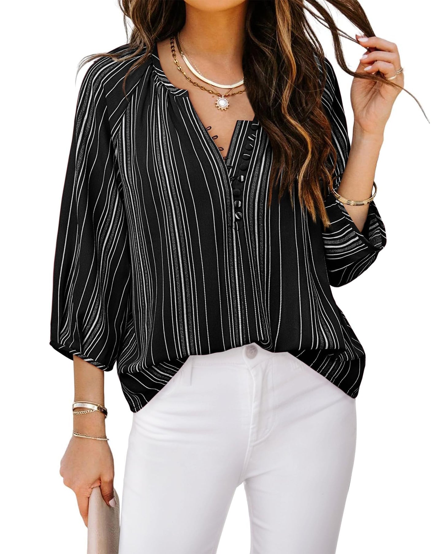 3/4 Length Sleeve Womens Tops: Fashion 2024 - Dressy Ladies Tops and Blouses Business Casual Tops Loose Fit Summer Fall Chiffon Shirts Plus Size Women Professional Work Clothes Junior Black Stripe XXL