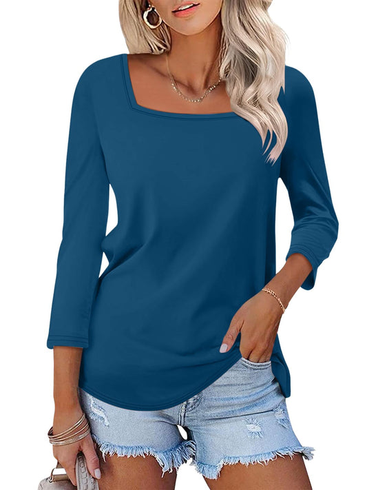 TICTICMISS Womens 3/4 Sleeve T Shirts Square Neck Summer Tops Dressy Casual Ladies Blouses Tops B-Navy Blue