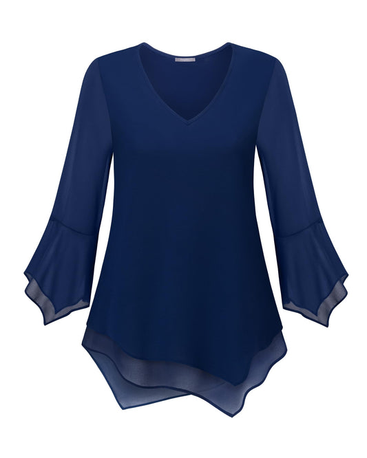 Furnex 3/4 Sleeve Blouses for Women：Work Attire - Ladies Tops and Bouses Dressy - Office Clothes for Women Trendy Womens Business Casual Blouses Flattering Tops Plus Size Attires Deep Blue XL
