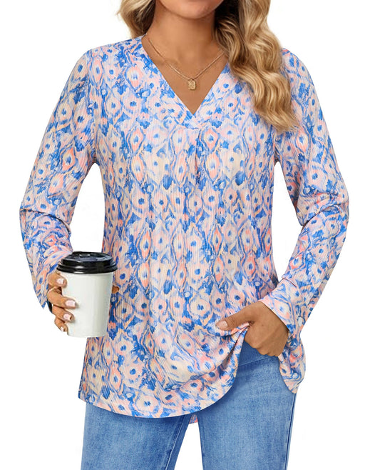 Womens Professional V-Neck Work Blouses Dressy Long Sleeve Tunics Floral Shirts for Office Business Casual Elegant Ladies Clothes Textured Wrinkle Free Fashion Fit Outfit Blue Pink Floral Medium