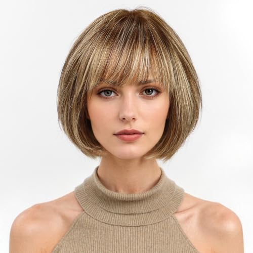 KKU 10 Inch Brown Mixed Blonde Wigs Human Hair for Women Remy Human Hair Wigs Human Hair Wigs with Bangs