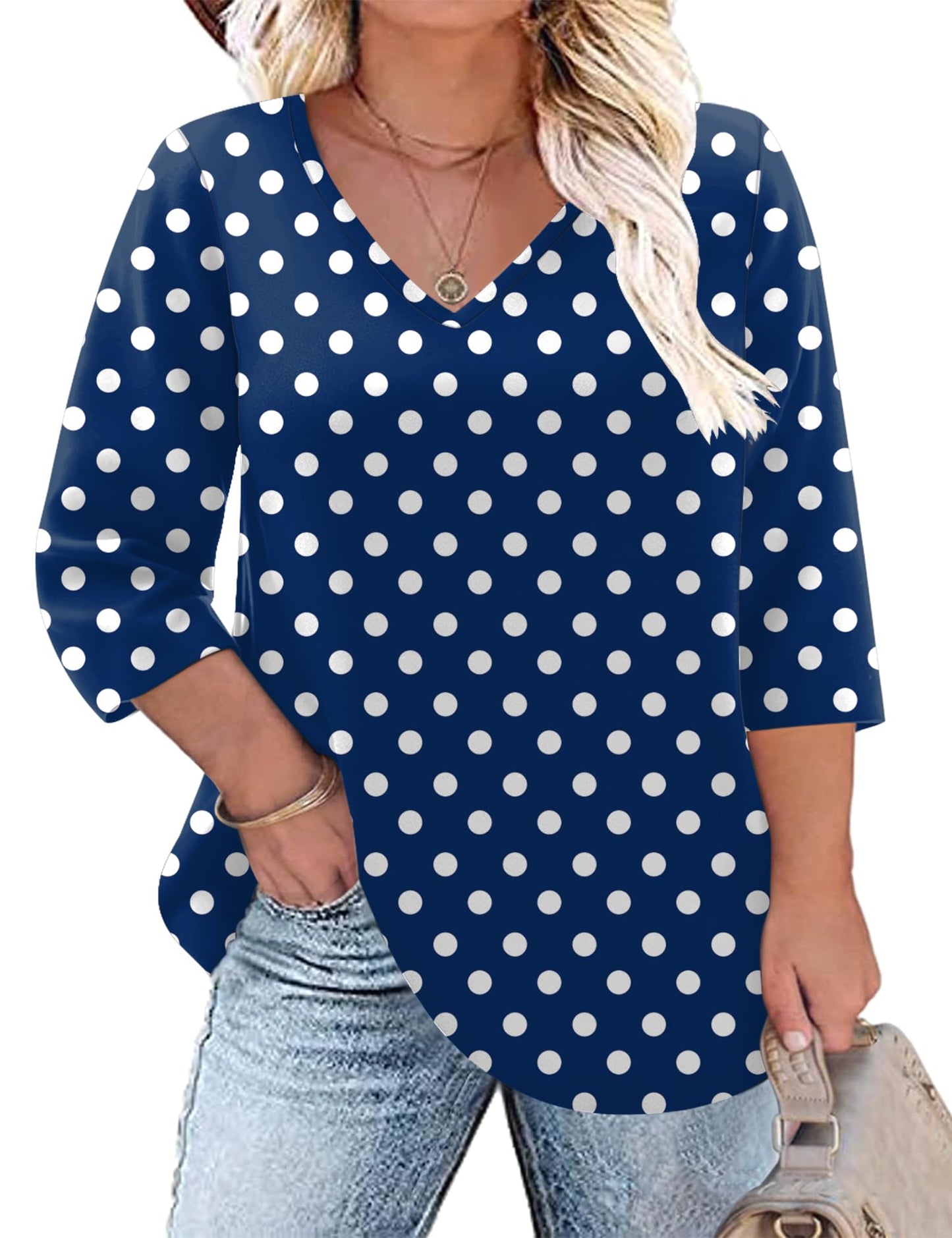 TFSDOD V Neck Long Sleeve Shirts for Women 3/4 Sleeve Ladies Tops Womens Tshirts Cotton Loose Fit Comfy Navy Blue Dot 3XL