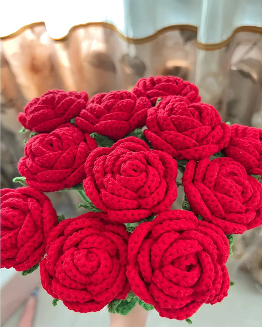 YOFANUP Handcrafted Crochet Rose Bouquet - Red Knitted Flowers