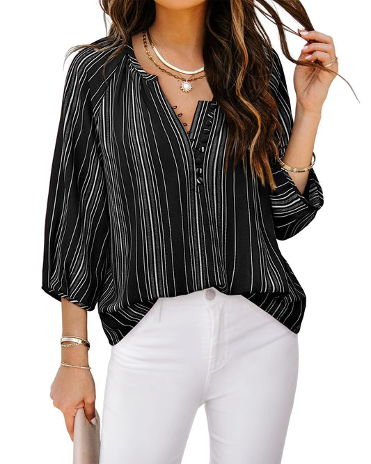 3/4 Length Sleeve Womens Tops: Fashion 2024 - Dressy Ladies Tops and Blouses Business Casual Tops Loose Fit Summer Fall Chiffon Shirts Plus Size Women Professional Work Clothes Junior Black Stripe XXL