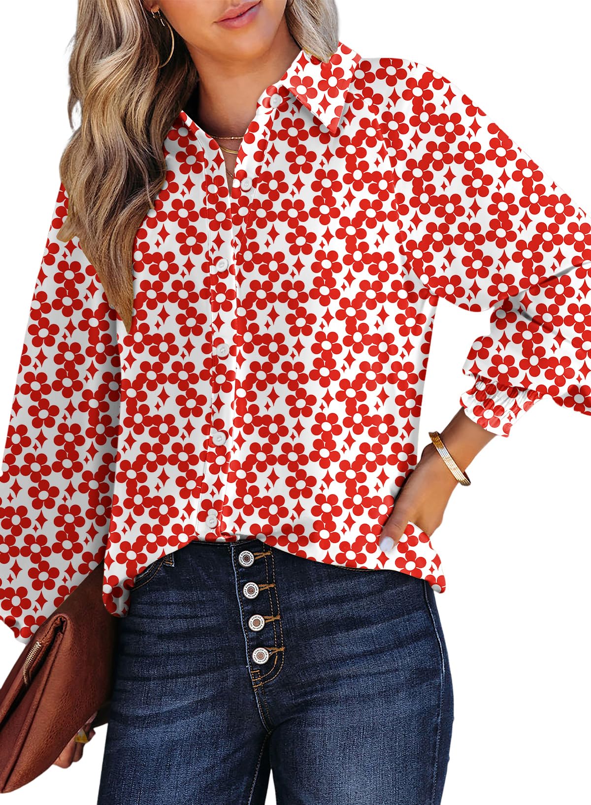 Dokotoo Womens Tops Oversized Cute Tops for Women 2024 Trendy Dressy Casual Fall Long Sleeve Shirts V Neck Button Down Ladies Tops and Blouses Allover Floral Flowy Work Business Tops Red XX-Large